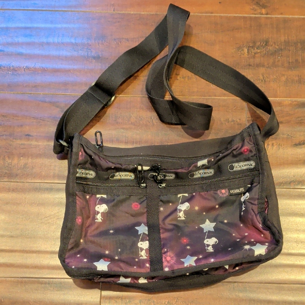 LeSportsac Black and Purple Snoopy Crossbody Bag